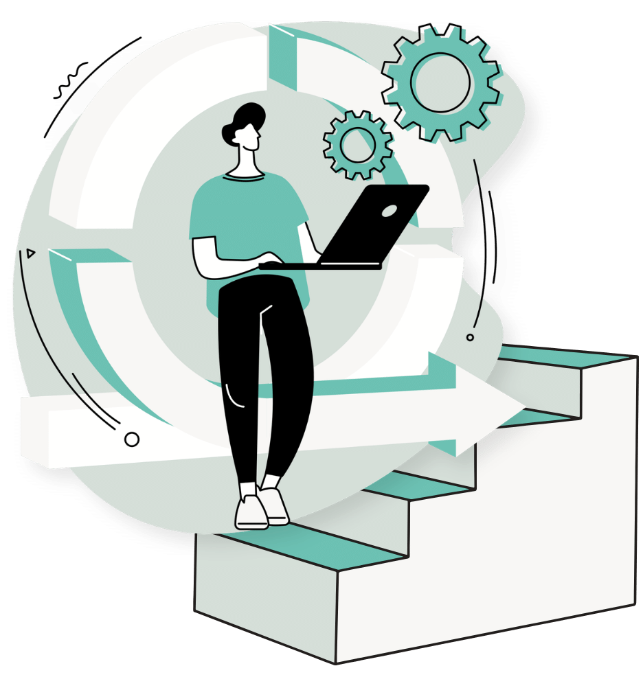 Illustration of a learner progressing up connected steps while using a laptop, representing a course with clear lesson progression where each completed step naturally guides students to the next stage of their learning journey.