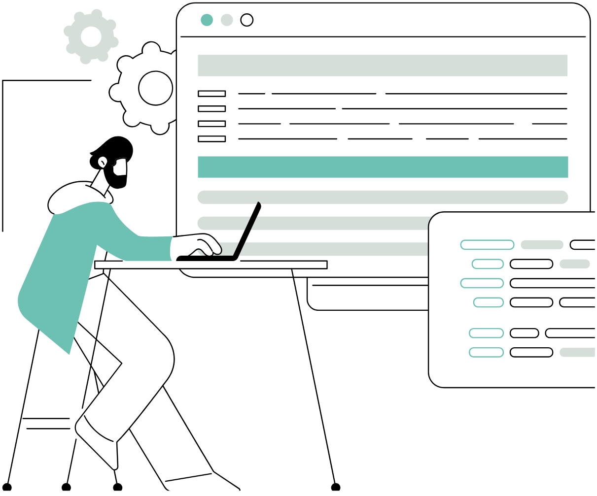 Illustration of a course creator organizing a structured online course with lessons, sections, settings, and progress elements.