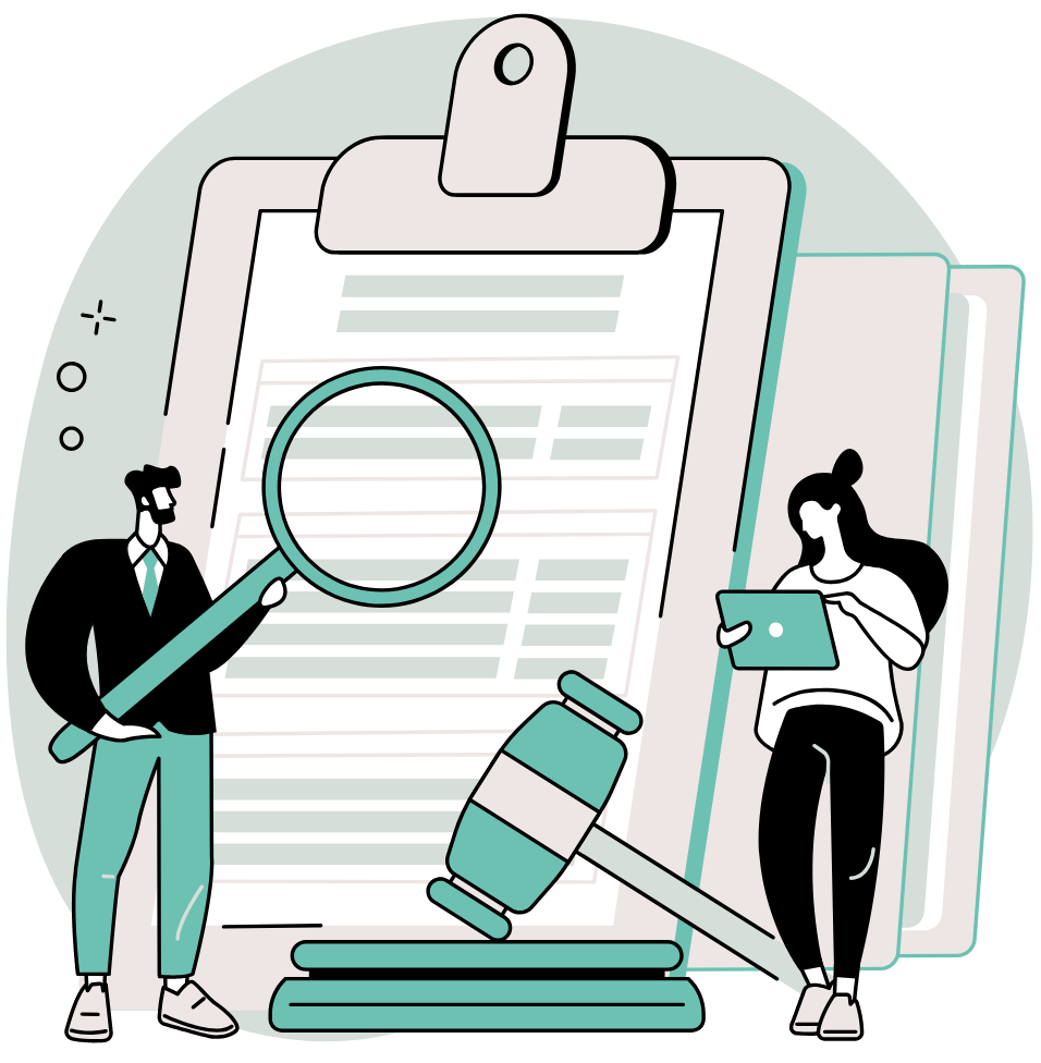Illustration of course creators reviewing lesson content with a checklist and magnifying glass, representing the thoughtful selection of learning activities and content formats based on what best supports each lesson, rather than using every available feature.
