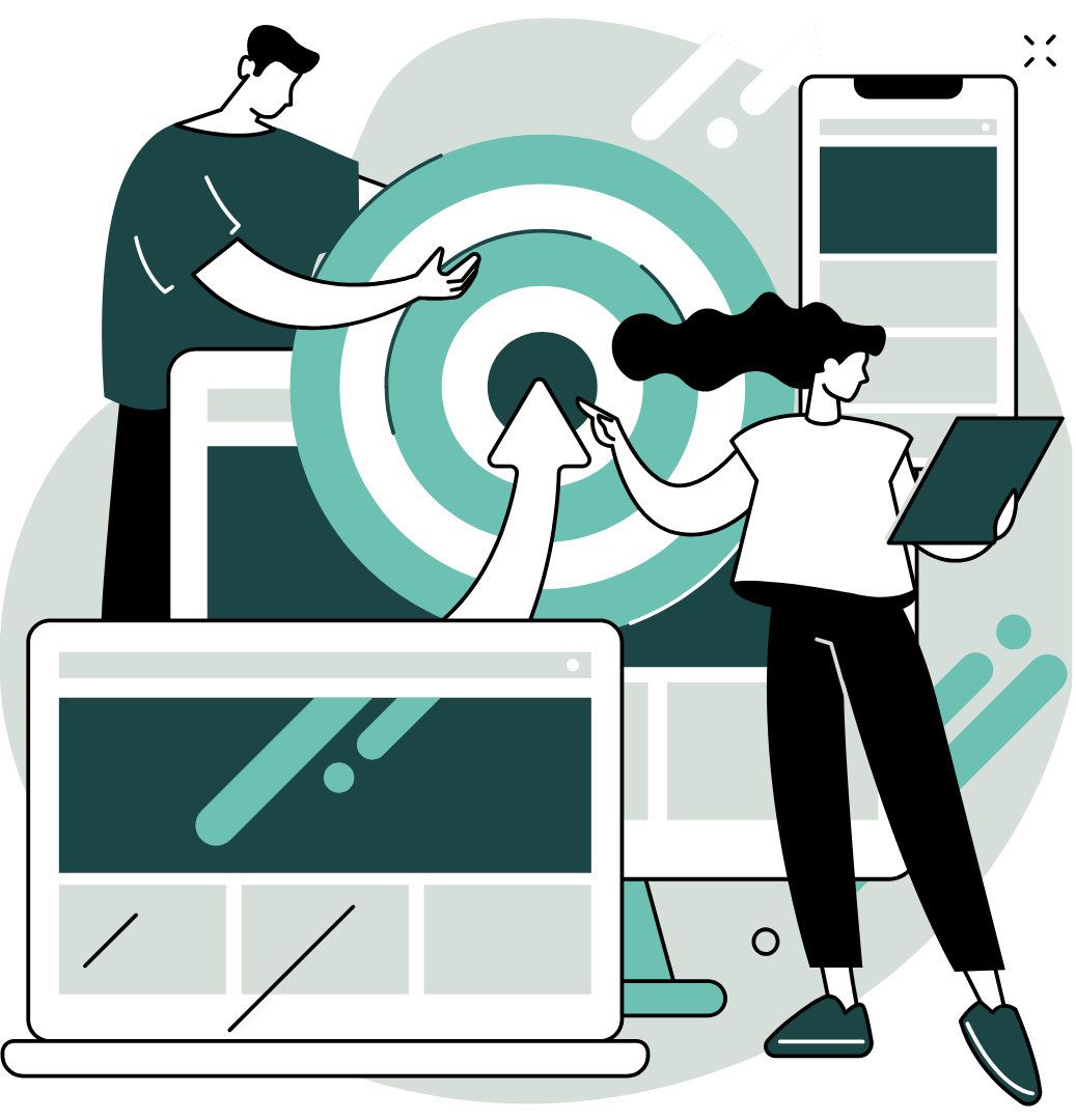 Illustration of course creators working around a target and digital devices, representing clear learning outcomes and student-focused course design.