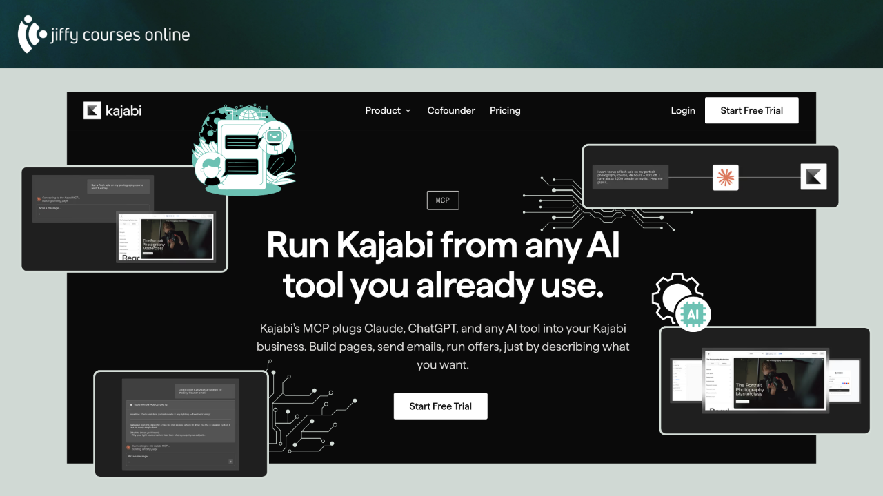 Illustration of Kajabi MCP connecting AI tools such as ChatGPT and Claude directly to a Kajabi account, enabling creators to build pages, manage content, and perform tasks through AI-powered workflows.