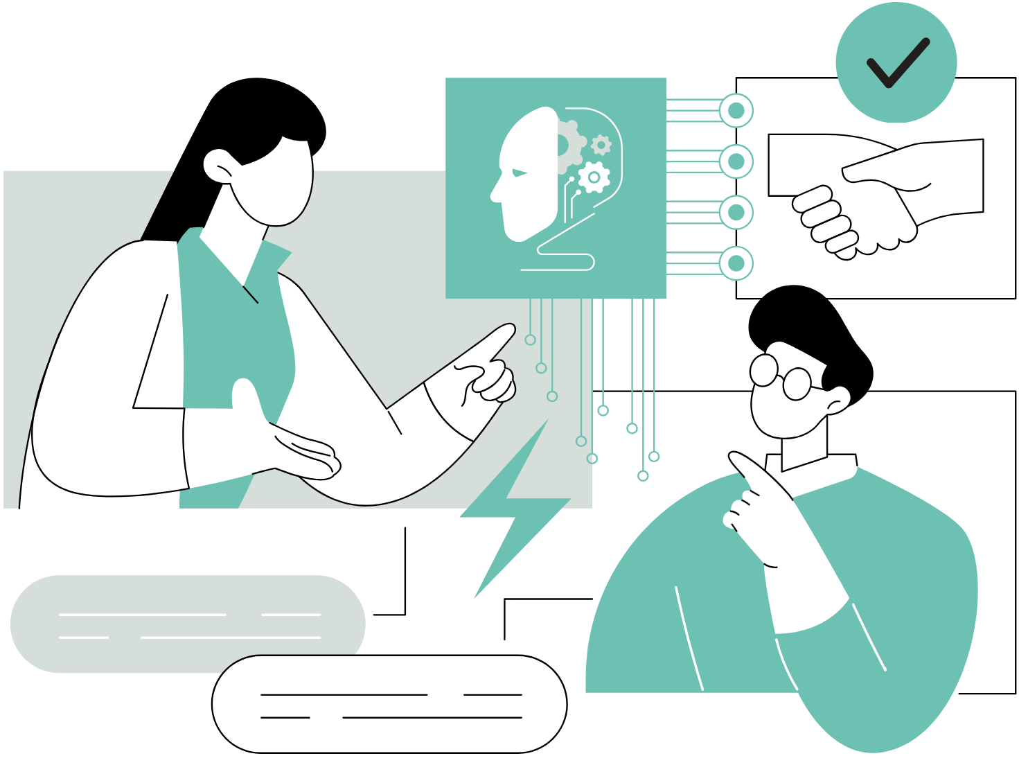 Illustration of people, automation, and connected systems working together, representing a streamlined all-in-one platform like Kajabi.
