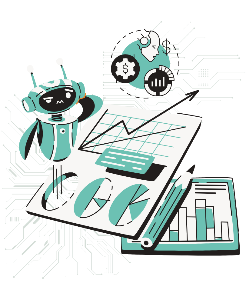 Illustration of AI analyzing business data and performance reports, representing how Kajabi creators can use AI tools to gain insights, manage content more efficiently, and make informed business decisions.