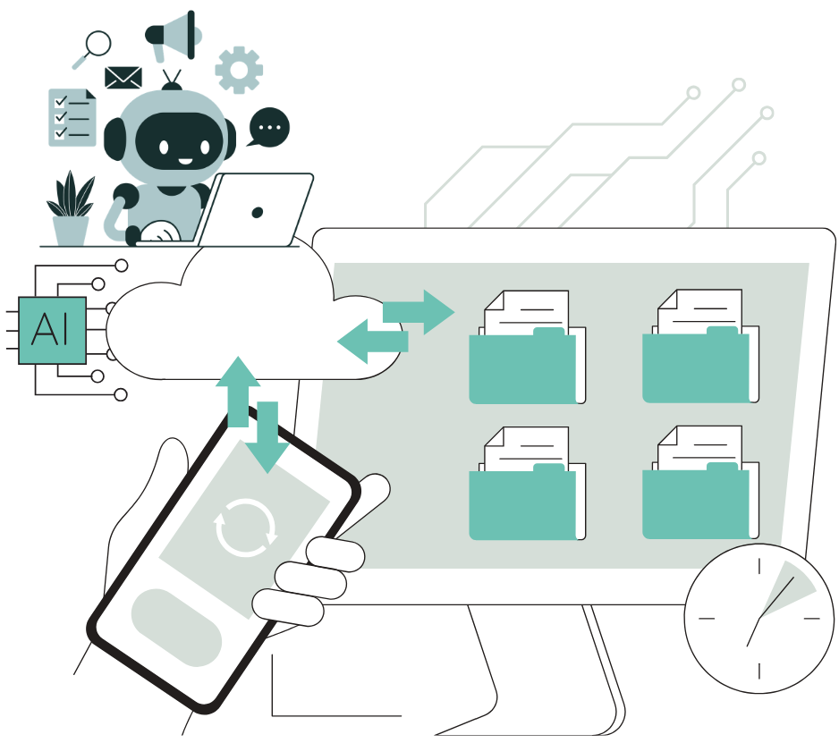 Illustration of an AI assistant managing files, cloud storage, and content synchronization across devices, representing automated organization and workflow management.