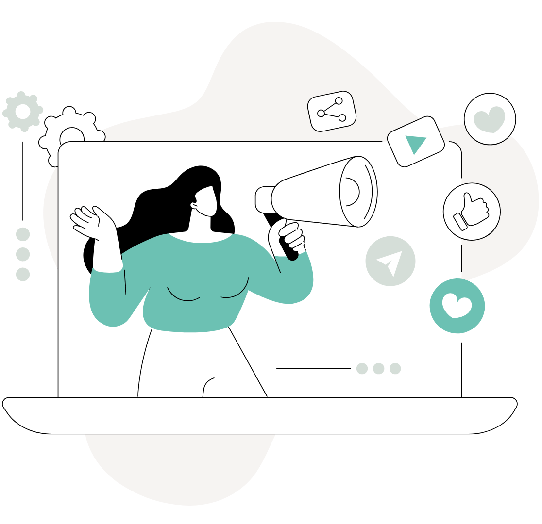 Illustration of an instructor speaking through a megaphone from a laptop screen, representing audio-based lessons that guide students through activities, reflections, coaching prompts, or other hands-free learning experiences while they apply what they are learning.