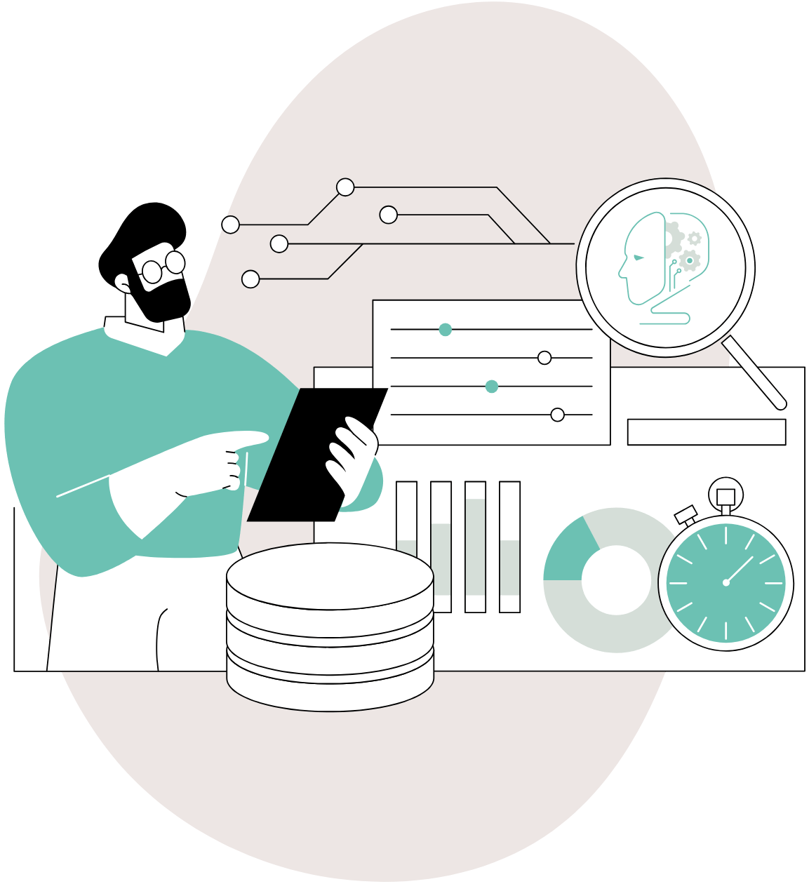 Illustration of people in connected systems working together, representing a streamlined learning path around a unified topic or outcome.