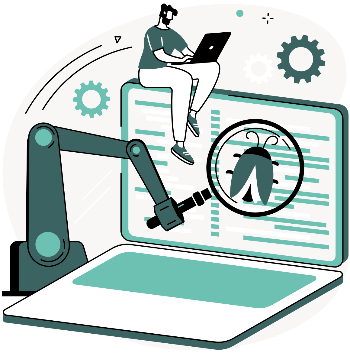 Illustration of a person planning automation strategies with AI and goal icons, representing the shift from individual automation rules to complete visual workflows in Kajabi.