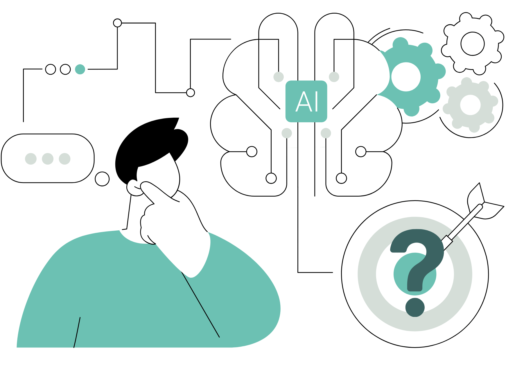 Illustration of a person reviewing a complex network of connected tools, representing the confusion of managing separate software platforms.