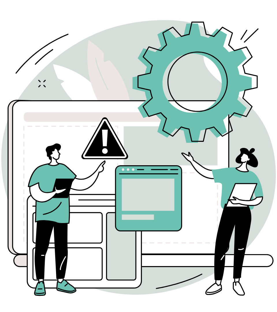 Illustration of course creators customizing a digital lesson layout with interface elements and settings, representing the flexibility creators seek when designing richer, more varied learning experiences beyond Kajabi's standard lesson structure.