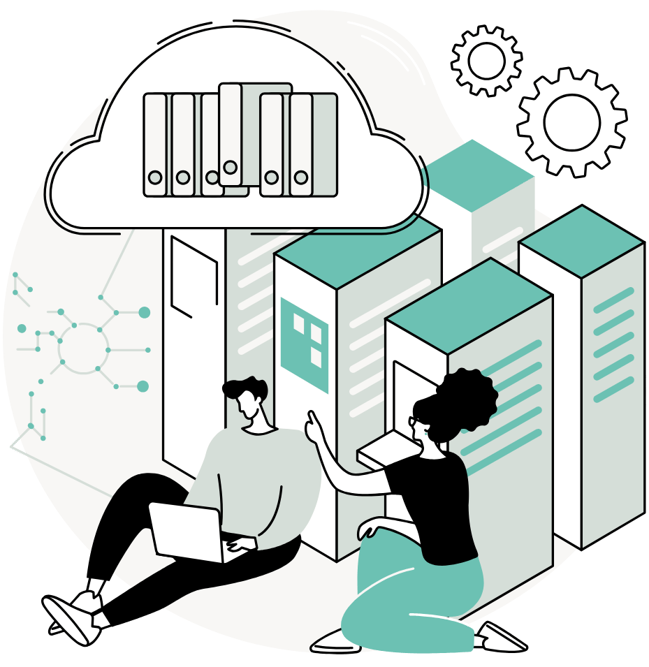 Illustration of two people organizing information within a digital content library, representing the process of selecting and structuring only the knowledge learners need at each stage of an online course rather than overwhelming them with too much information.