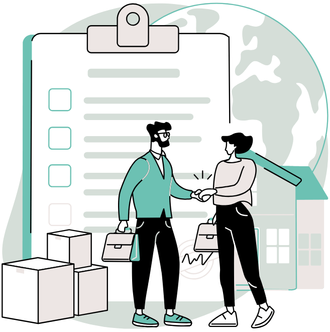 Illustration of two people shaking hands in front of a checklist, symbolizing welcoming new students and creating a positive onboarding experience.