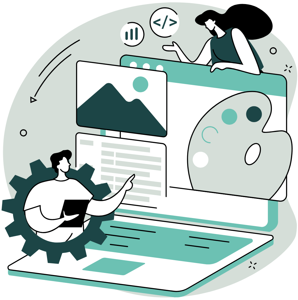 Illustration of people designing a digital learning platform with images, code, and visual elements for a richer Kajabi lesson experience.