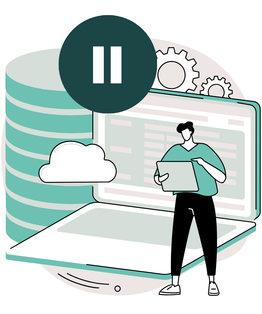 Illustration of a course creator beside a laptop with a prominent pause icon, representing the importance of encouraging students to stop, reflect, and complete a practical task before continuing to the next lesson.