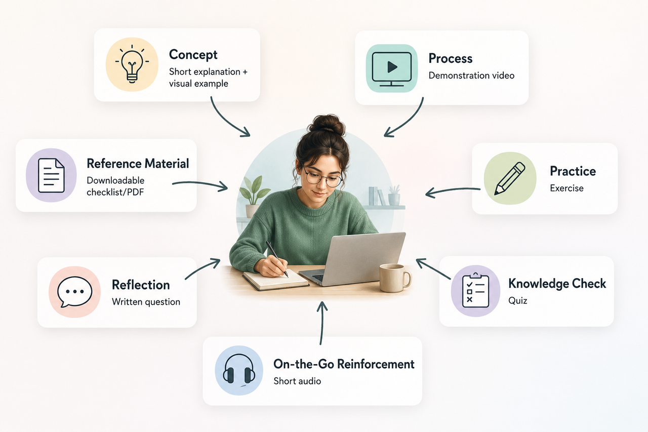 Diagram matching learning goals with suitable content formats, including video, audio, quizzes, exercises, reflection questions, and downloadable resources.