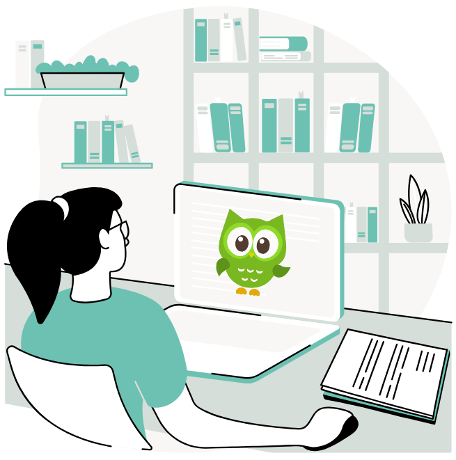 Illustration of a student using Duolingo, representing visible progress, quick feedback, and clear next steps.