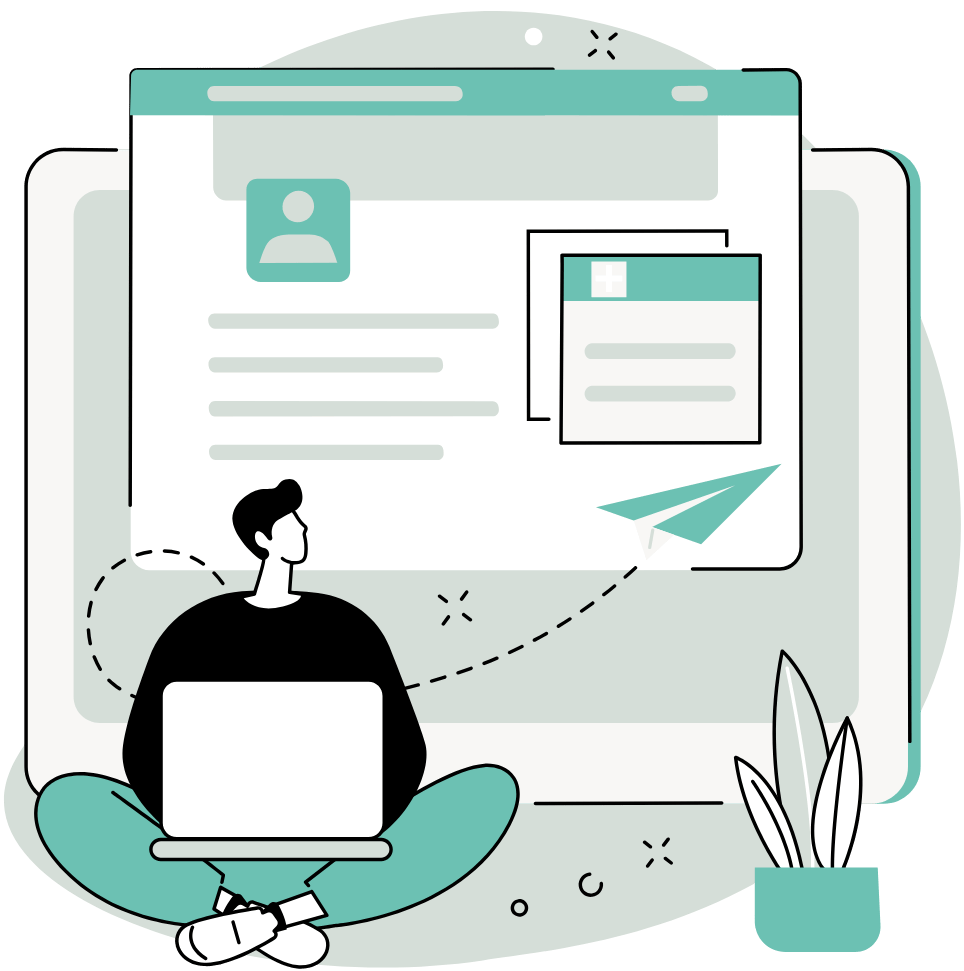Illustration of a creator working on a laptop with a lesson planning interface, representing the process of designing learning experiences around clear student outcomes and practical lesson objectives rather than simply presenting information.