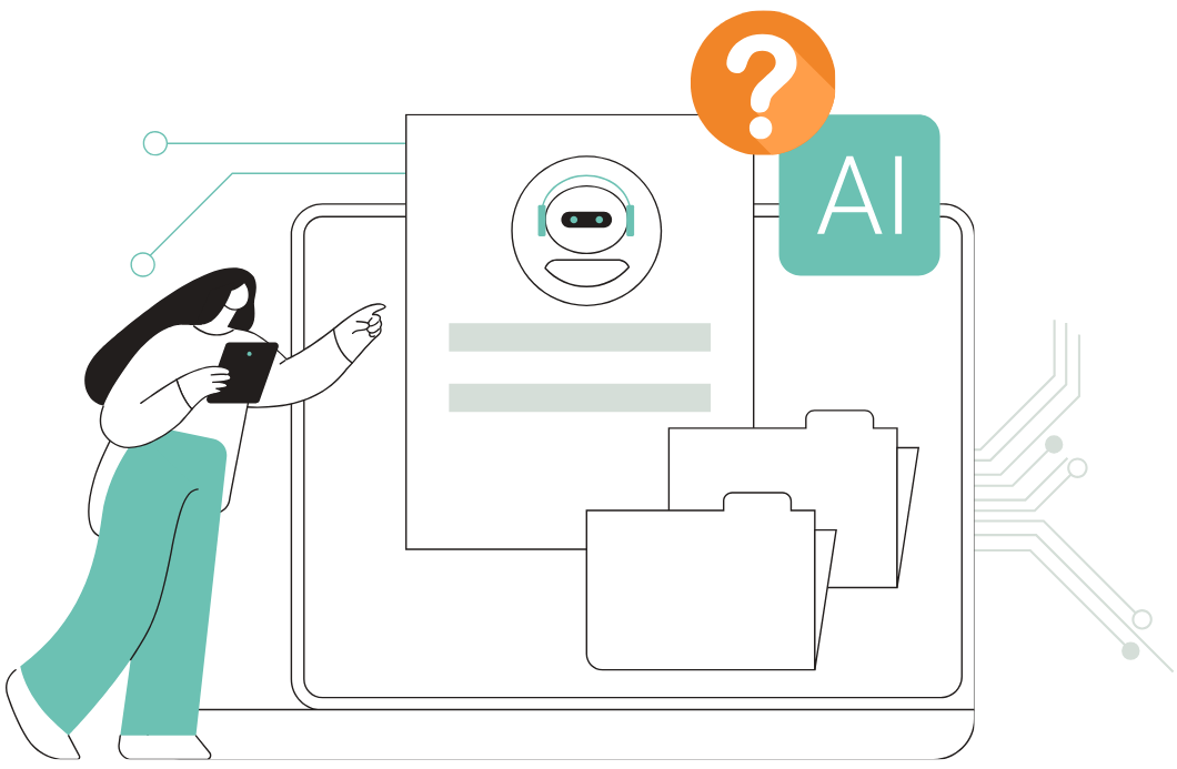 Illustration of a creator interacting with an AI-powered system connected to digital folders and documents, representing AI retrieving and working with business data through integrations such as Kajabi MCP.