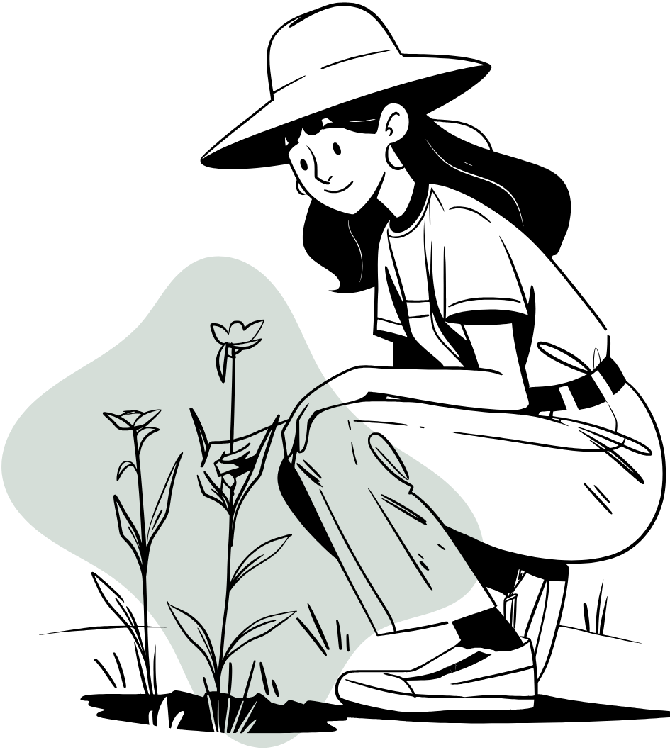 Illustration of a woman tending plants, representing the practical vegetable garden example used to explain outcome-based course structure.