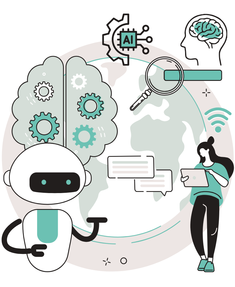 Illustration of an AI assistant and creator connected through digital communication tools, representing how AI systems access information, automate tasks, and support online businesses across connected platforms.