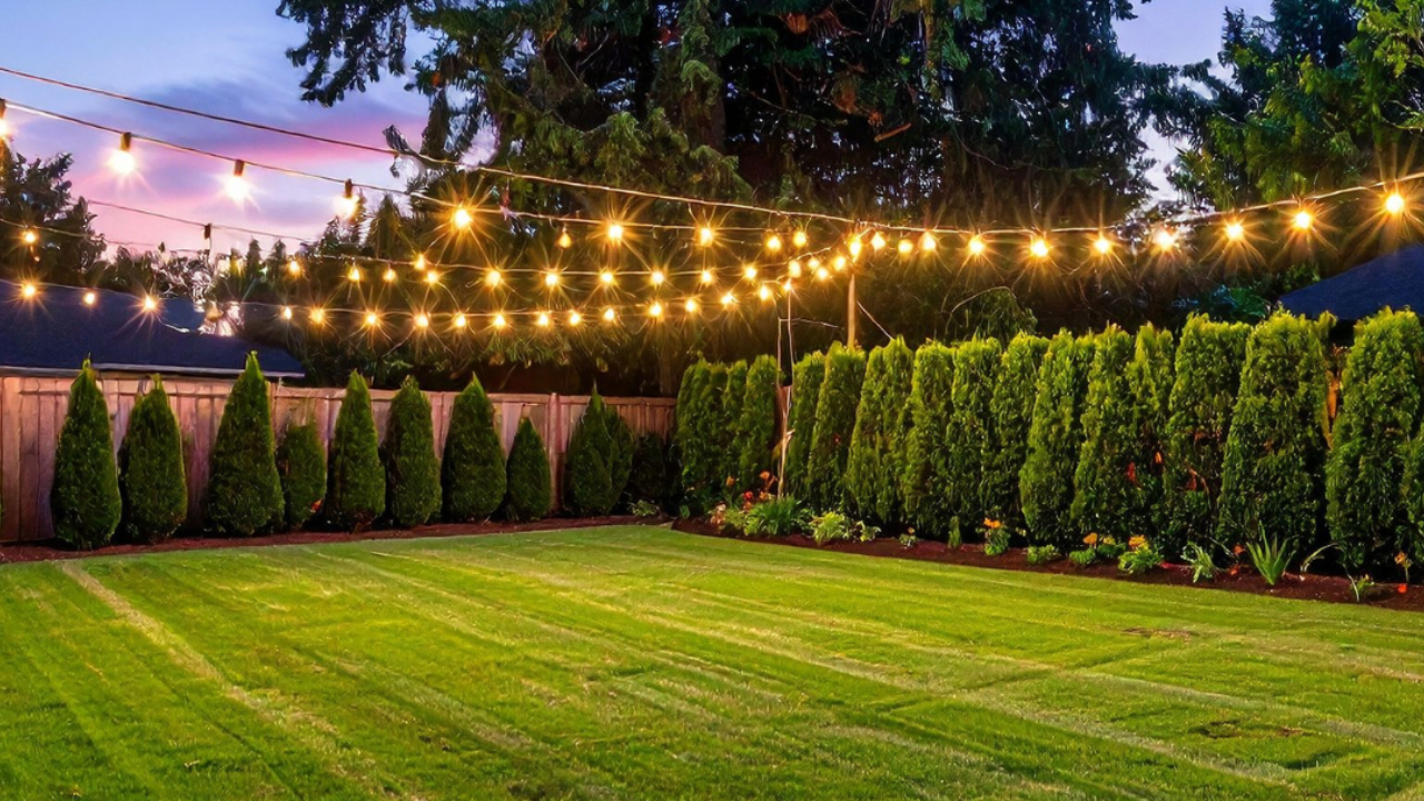String lights glowing above a green lawn at dusk on a summer evening, with evergreen trees and a twilight sky in the background.