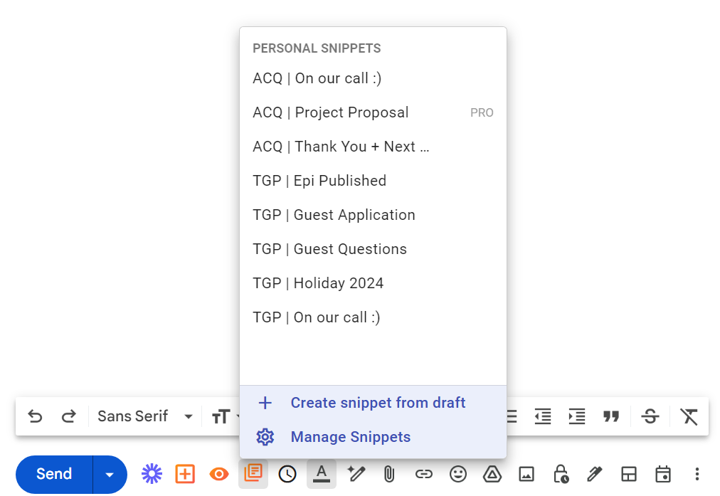 A screenshot image showing the names of the snippets I have saved in StreakCRM.
