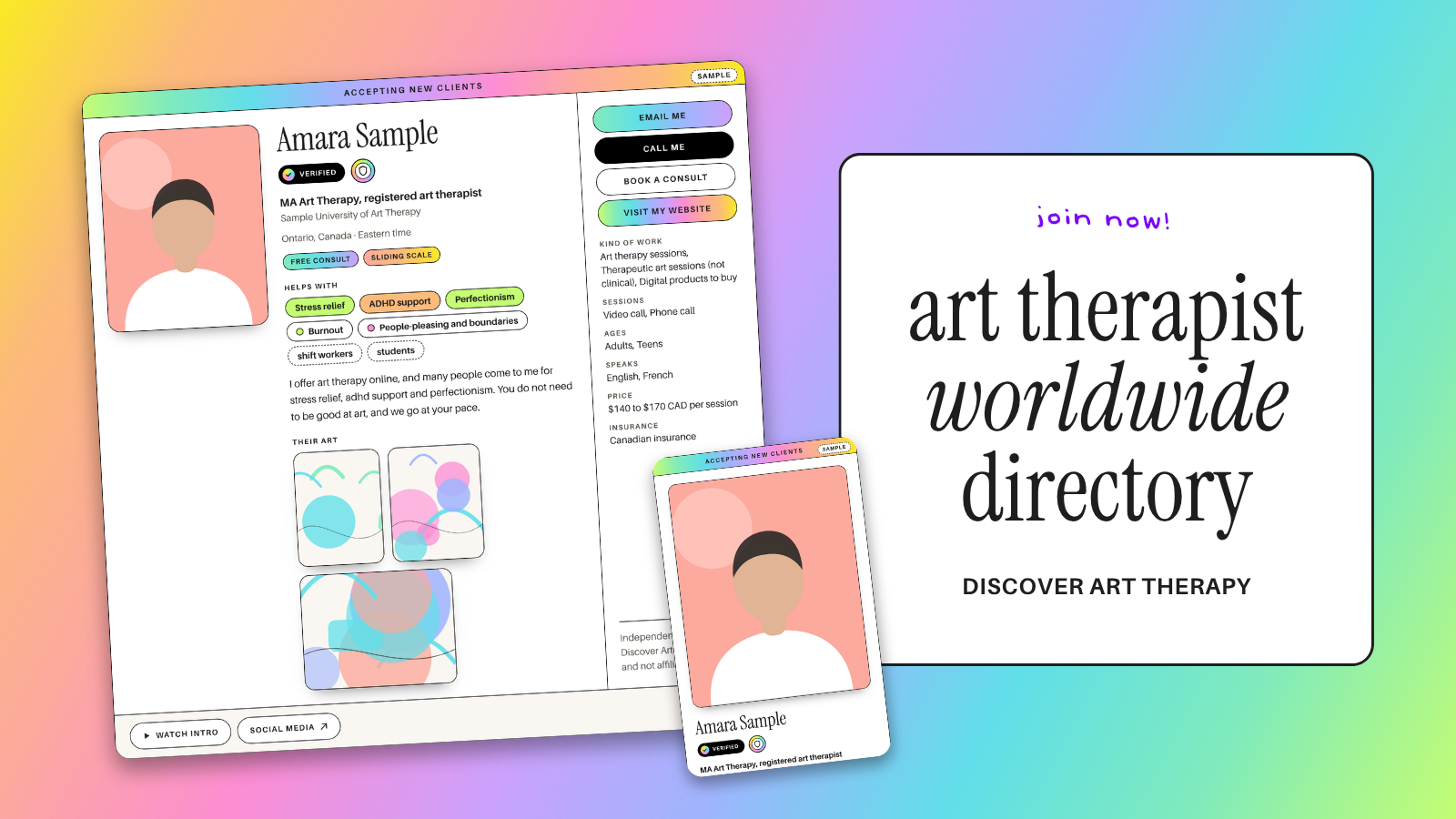 An example directory card with a therapist's photo, name, tags and what they help with, beside an example Instagram post of six therapists' headshots, on a rainbow background.