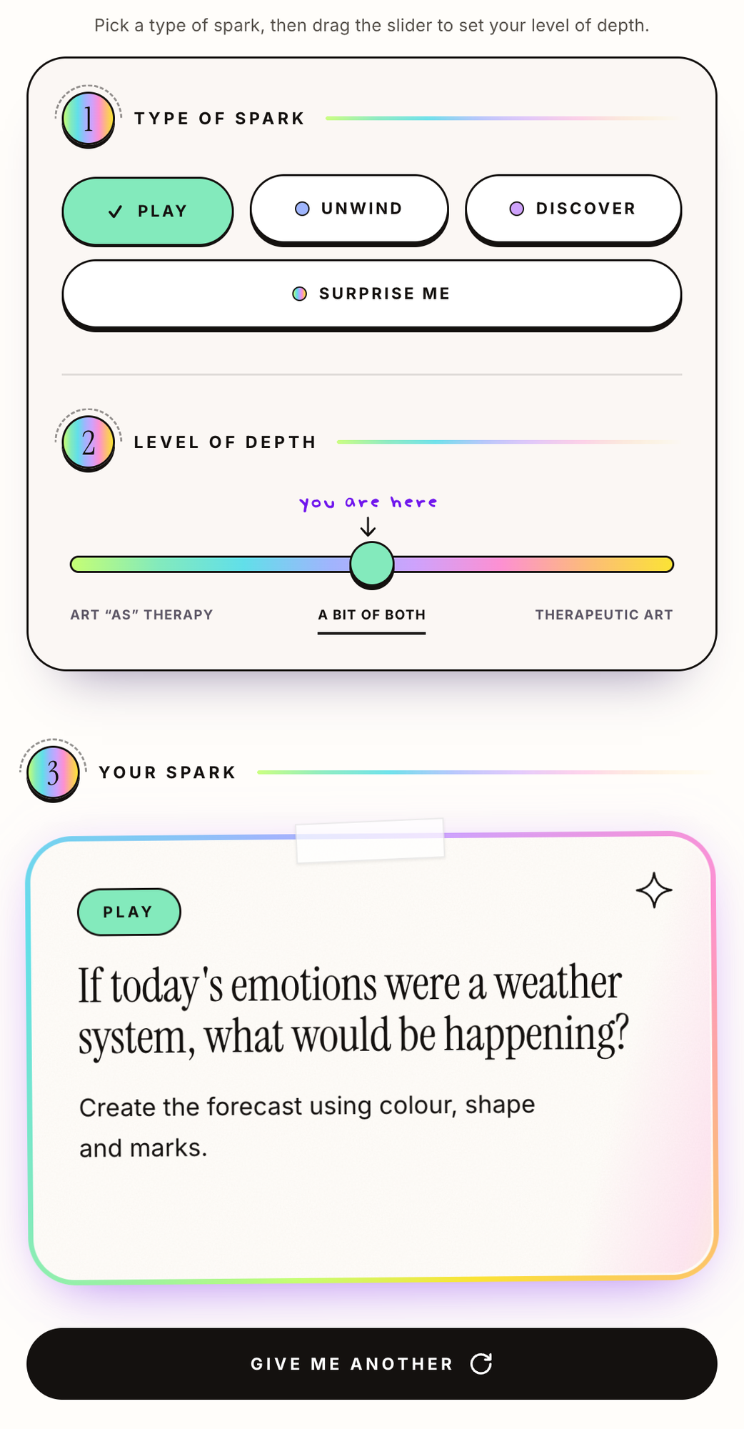 The Creative Spark Deck on a phone: pick a type of spark, set your level of depth, and a prompt appears on a card
