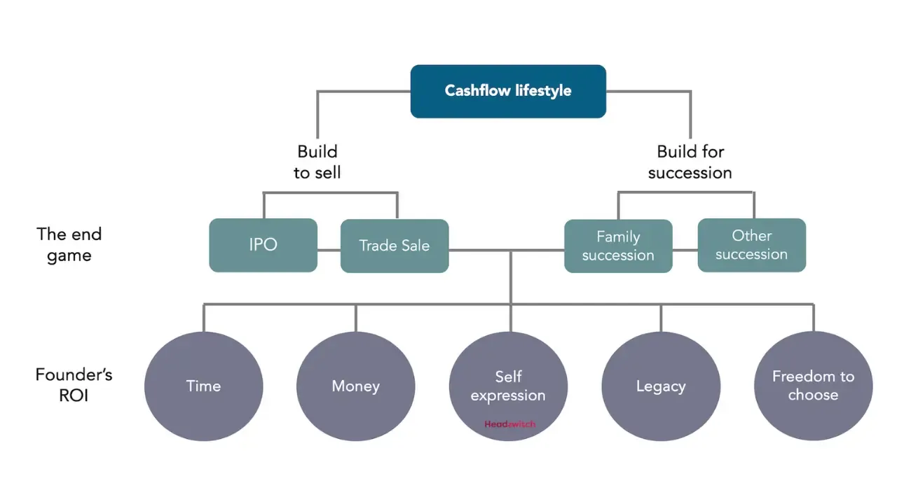 Diagram showing the choices to be made by the founder for the end game