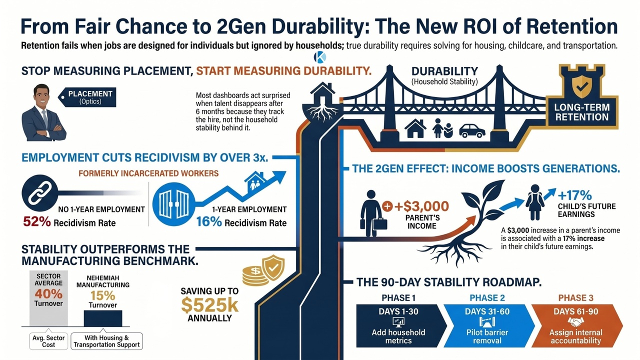 Fair Chance to 2Gen Durability infographic showing retention ROI, employment statistics, 2Gen Effect income boost, and 90-day stability roadmap