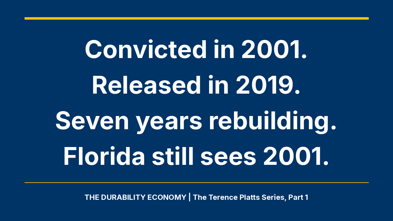 Navy billboard with gold rules and white text reading: Convicted in 2001. Released in 2019. Seven years rebuilding. Florida still sees 2001. The Durability Economy, The Terence Platts Series, Part 1.