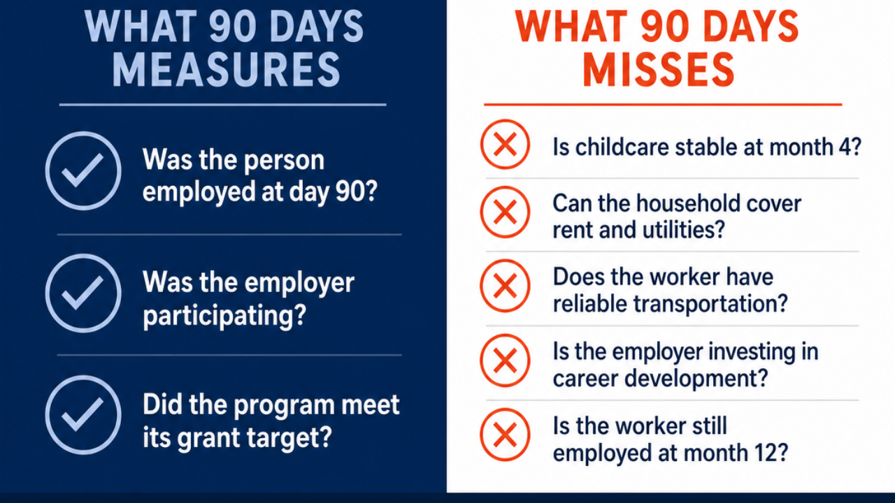 Infographic comparing what 90-day retention measures versus what it misses including childcare, housing, and transportation stability