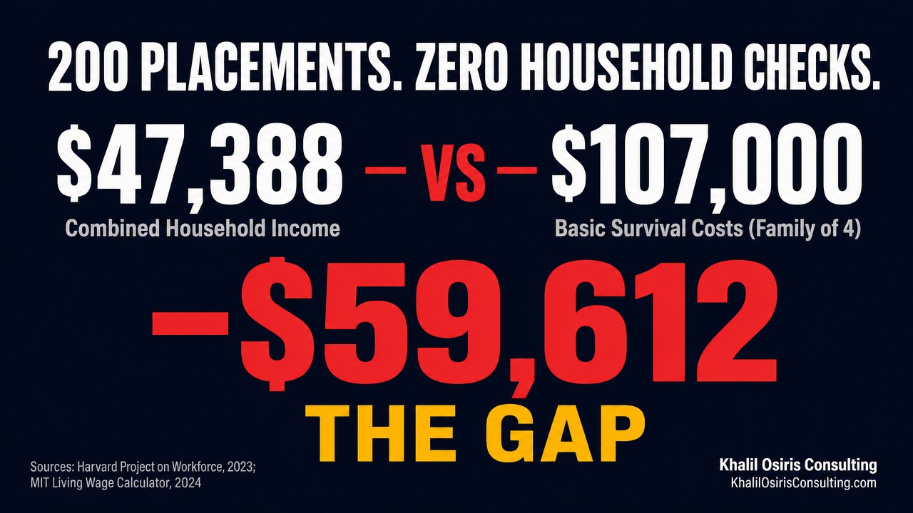The Subtraction Stack: $47,388 combined household income vs $107,000 basic survival costs equals a $59,612 gap for workforce program placements.