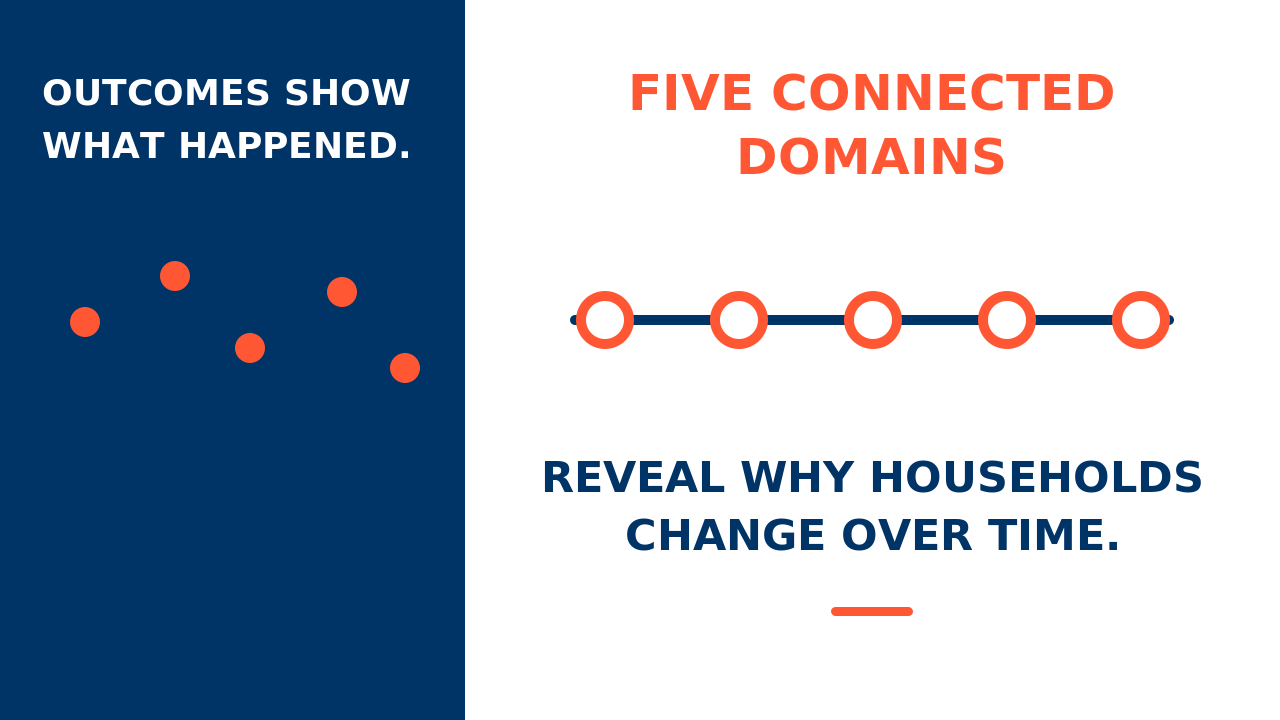 Disconnected outcomes become five connected domains that reveal household change over time.