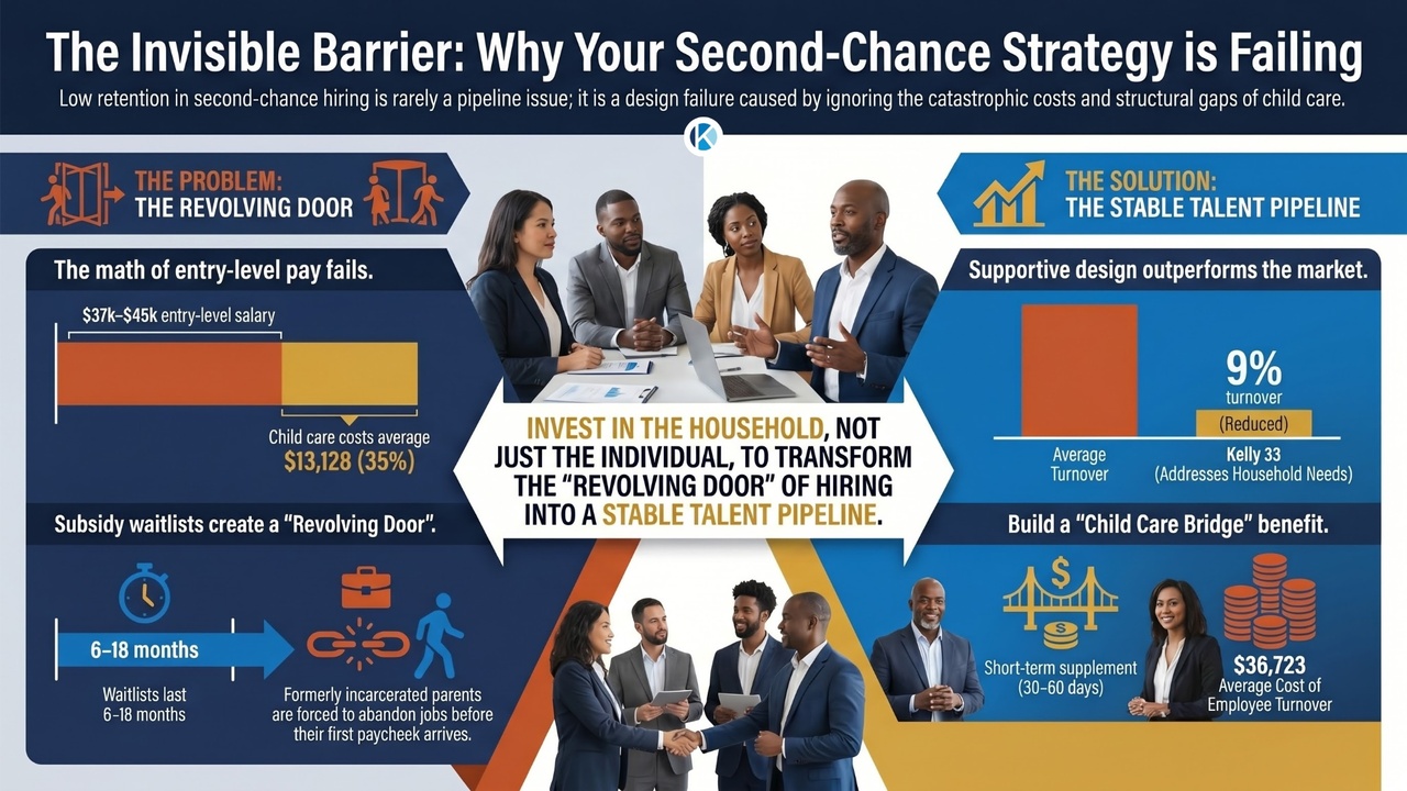 Infographic showing the invisible barrier in second-chance hiring: child care costs creating a revolving door vs the 2Gen stable talent pipeline solution