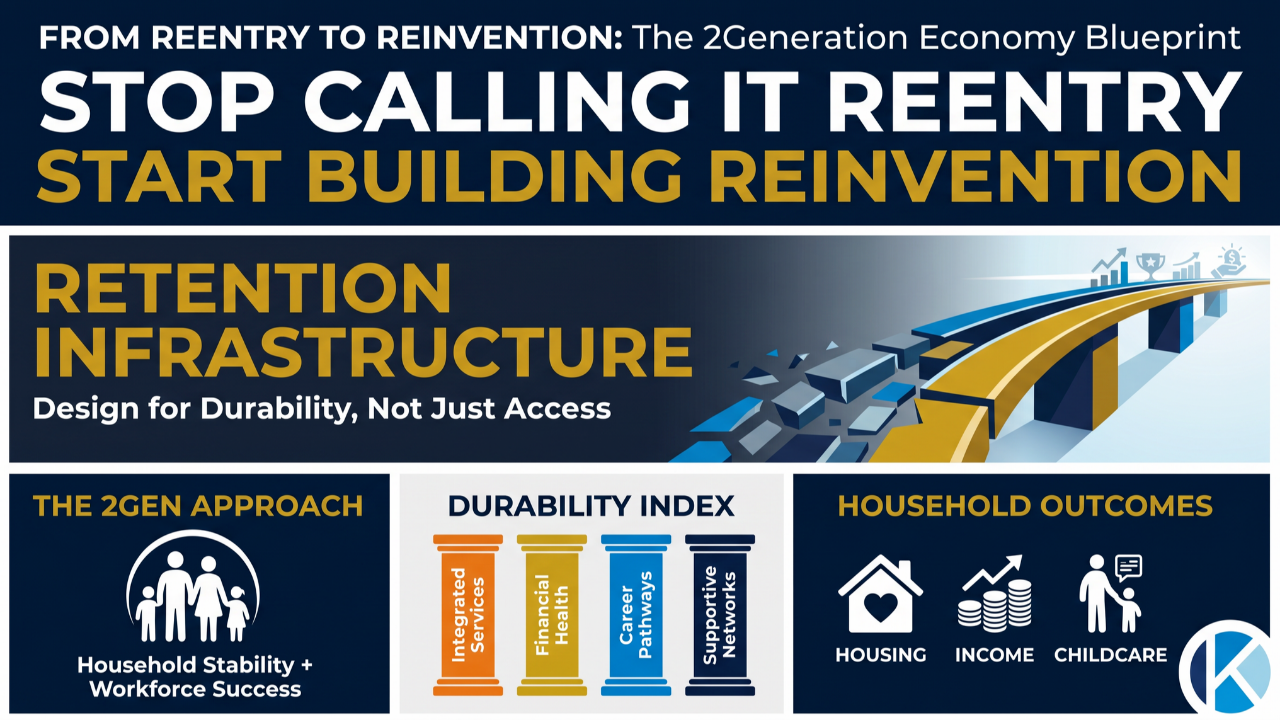 Stop Reentry Start Reinvention infographic showing the shift from reentry to reinvention, the 2Generation Economy approach, and the Durability Index framework.