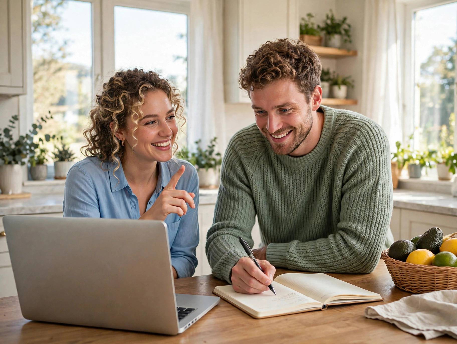 A couple at their kitchen table at home, working through their household finances together.