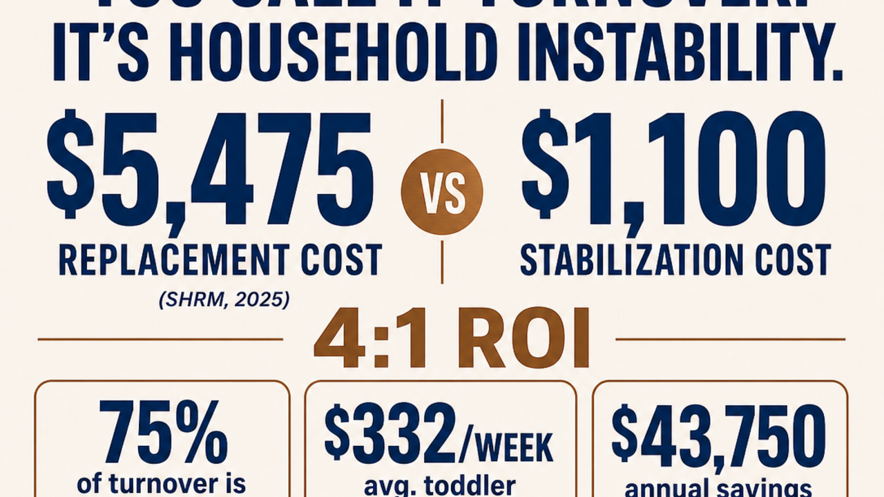 Infographic showing household instability costs employers $5,475 in replacement cost versus $1,100 stabilization cost with 4:1 ROI