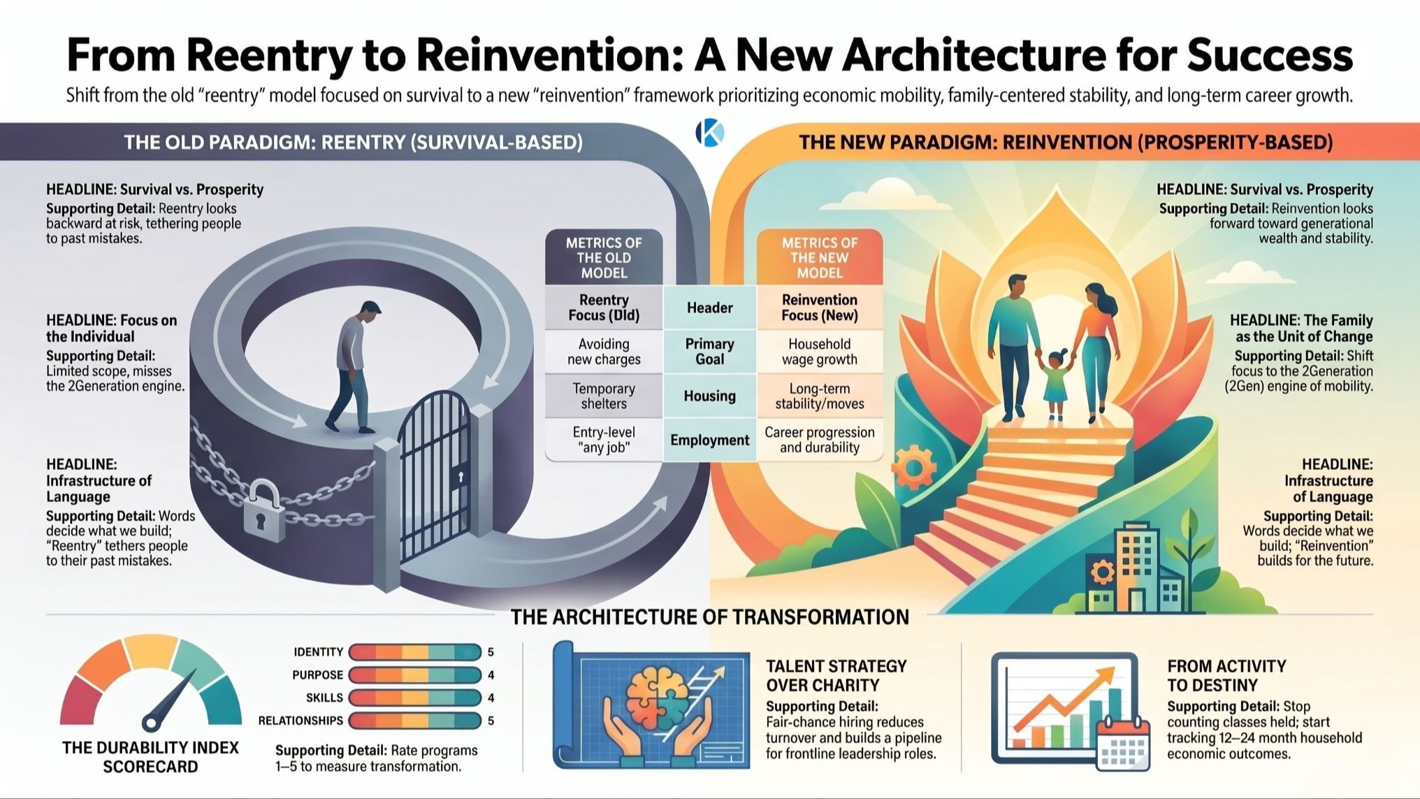 Khalil Osiris Consulting infographic: From reentry to reinvention showing the 2Gen Economy approach and the Durability Index blueprint for workforce transformation