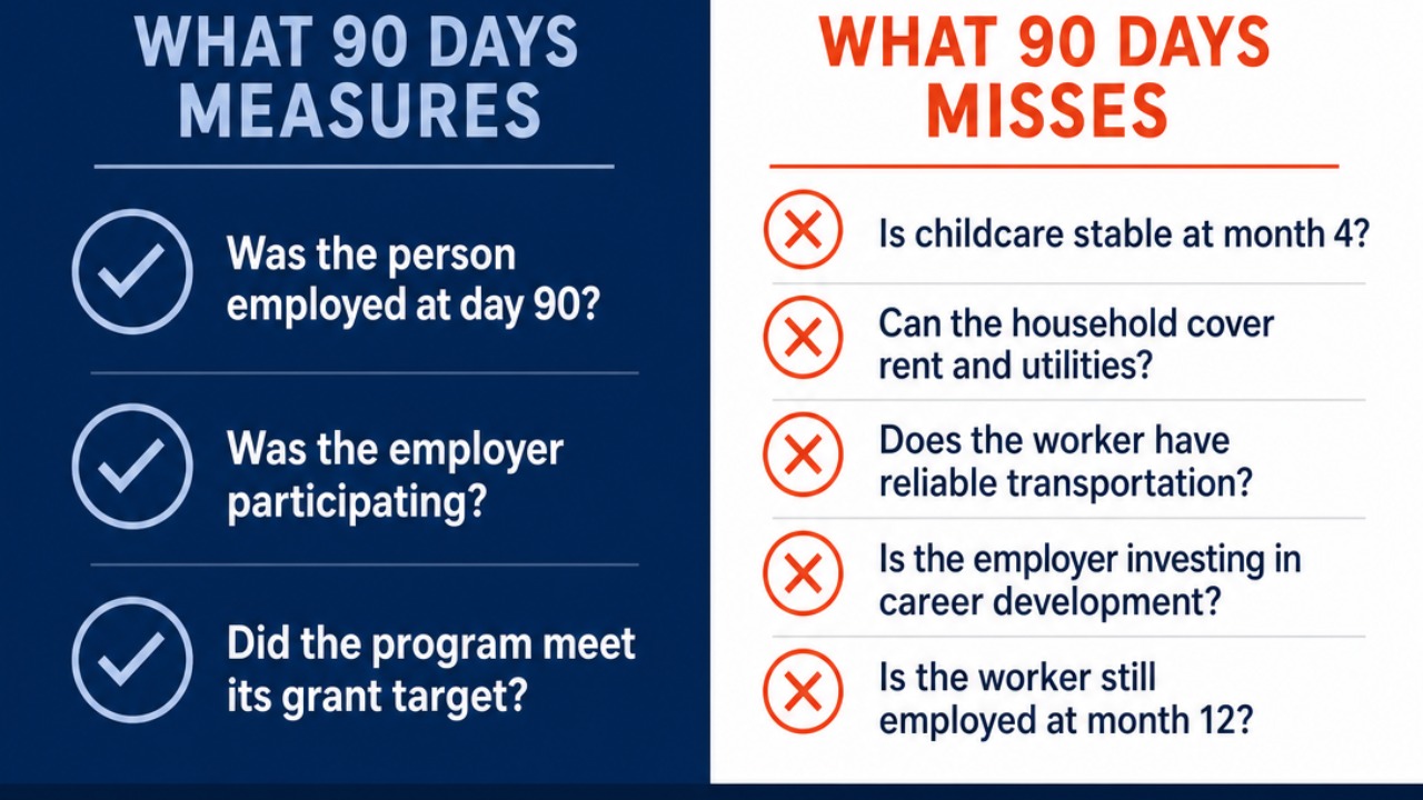 Infographic comparing what 90-day retention measures versus what it misses including child care, housing, and transportation stability