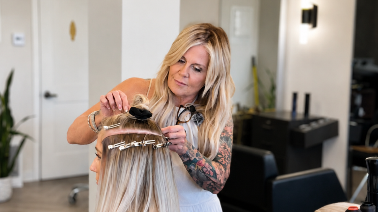 RaChelle sectioning hair during a hair extension install