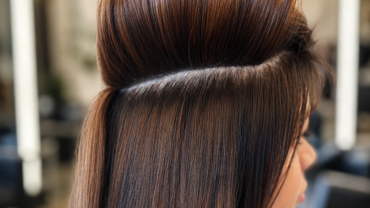Seamless hair extension result showing clean part line and high-gloss finish