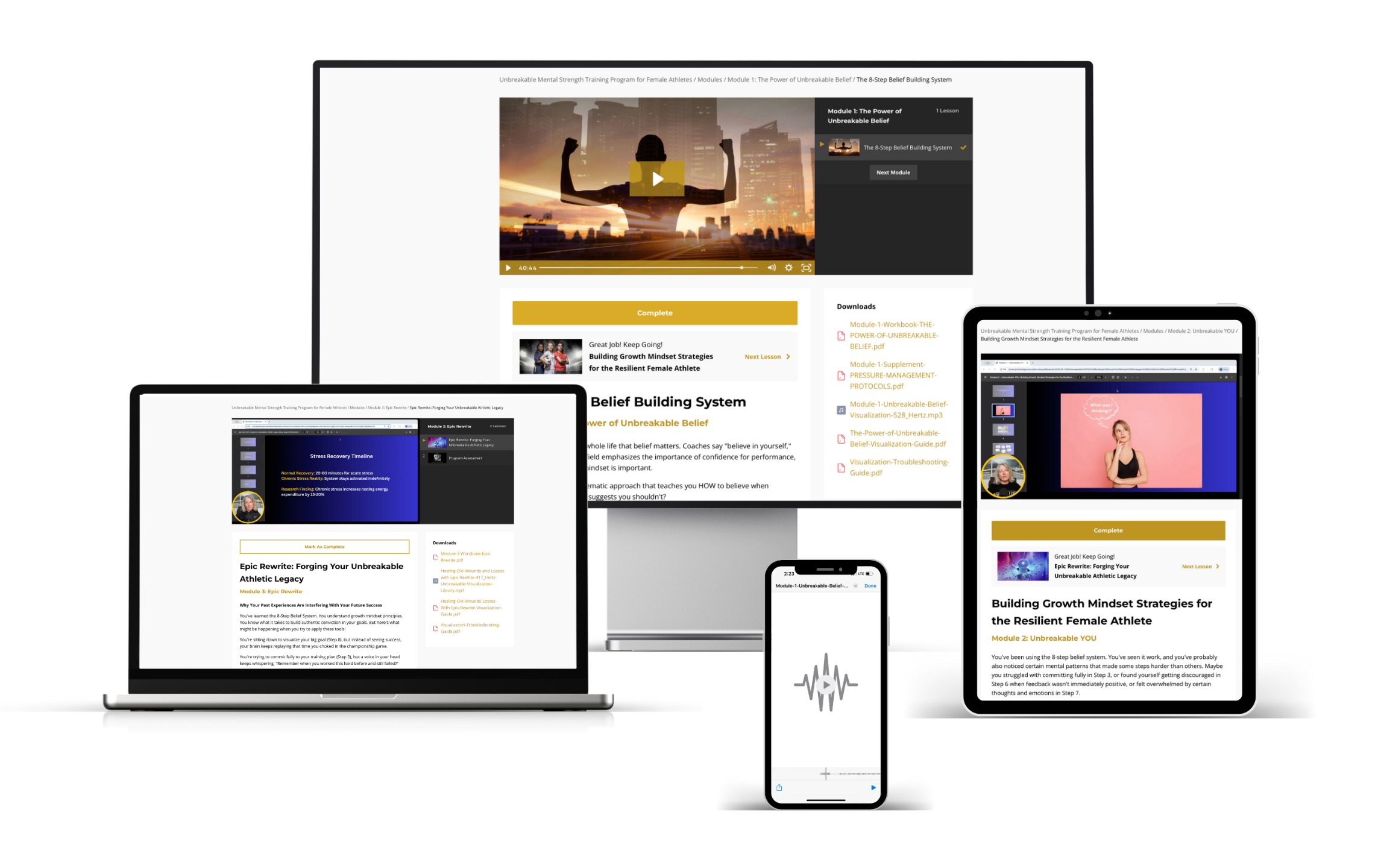 Unbreakable Mental Strength Program Digital Product Image showing program on a computer, laptop, tablet, and a mobile device