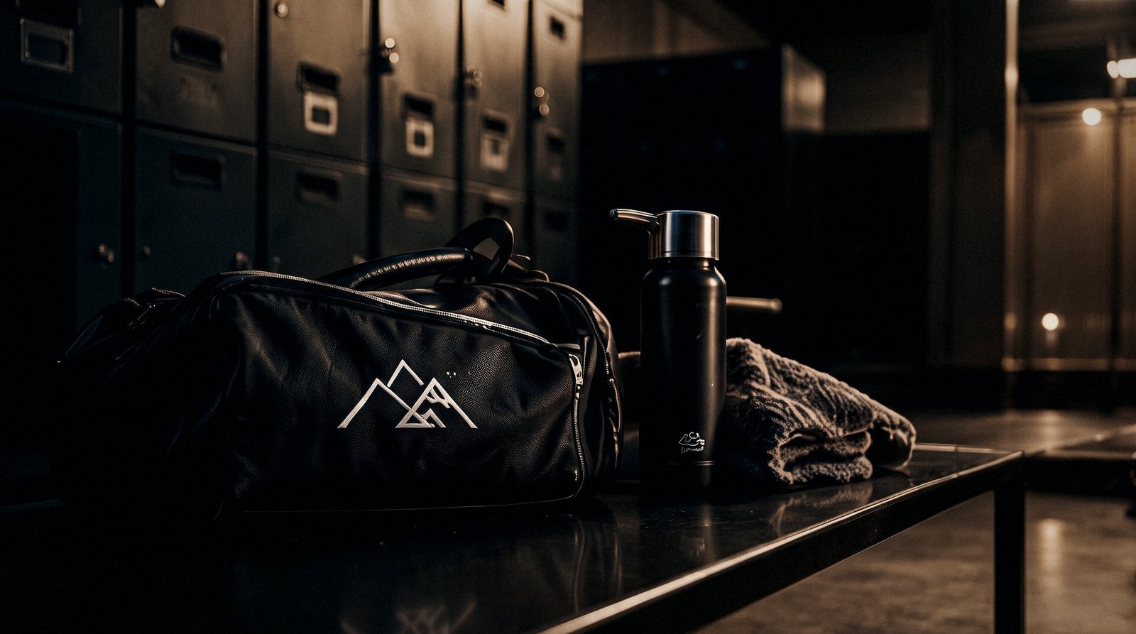 Gym bag, water bottle and towel on a locker room bench