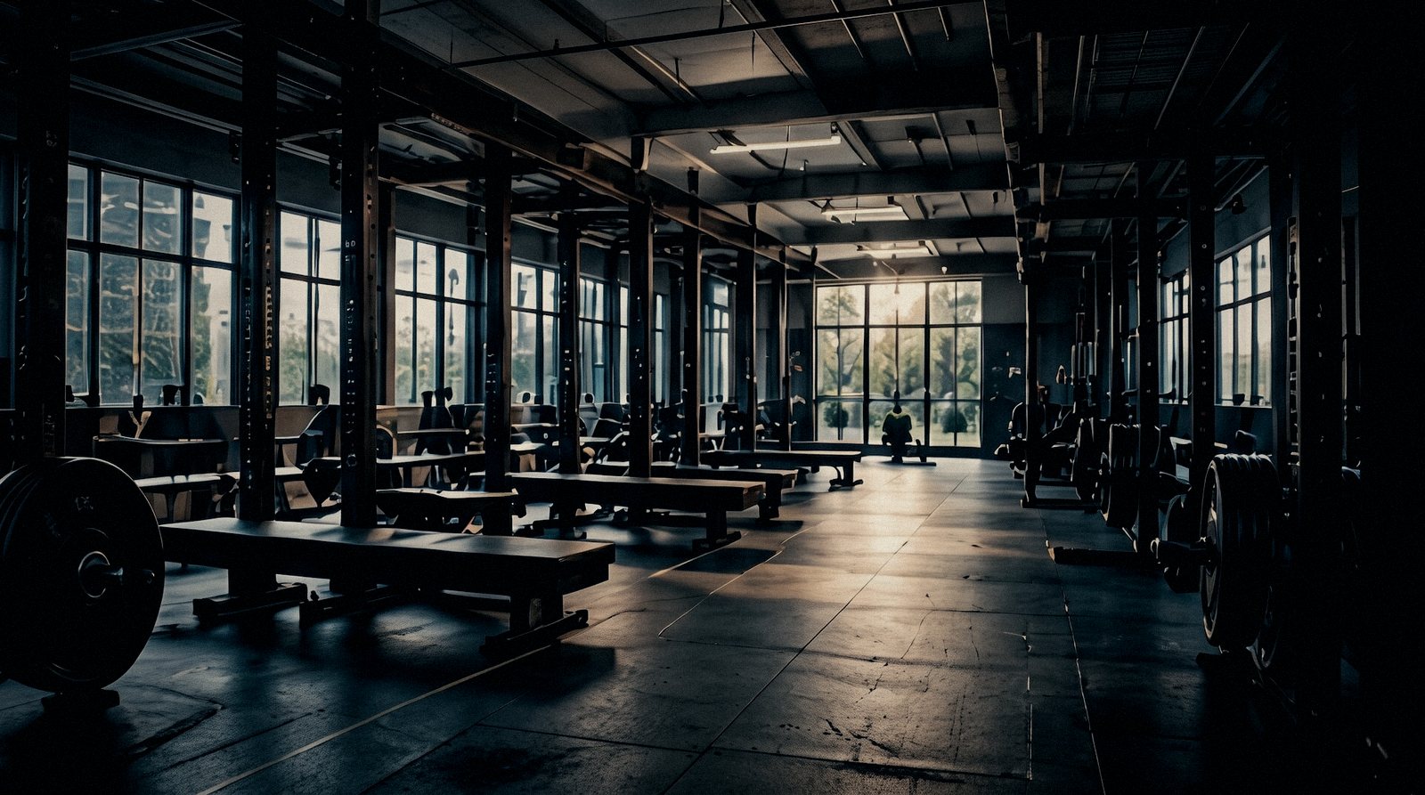 Empty weight room at sunrise