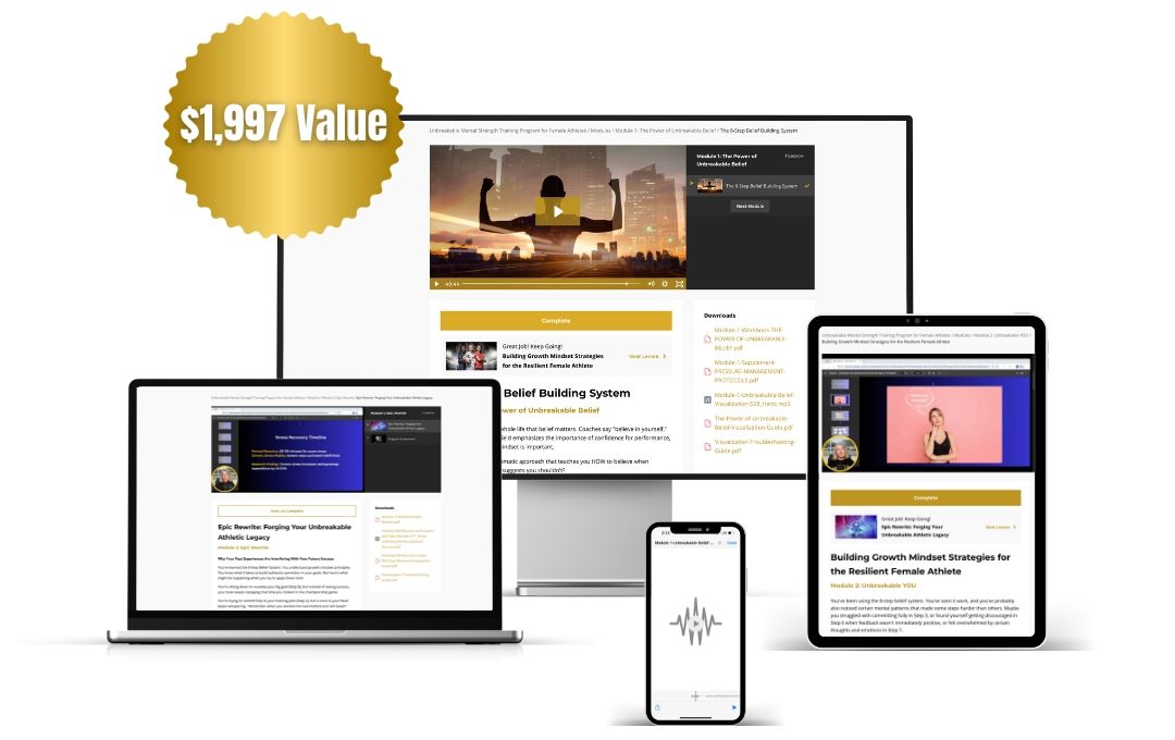 Unbreakable Mental Strength Program Digital Product Image showing program on a computer, laptop, tablet, and a mobile device