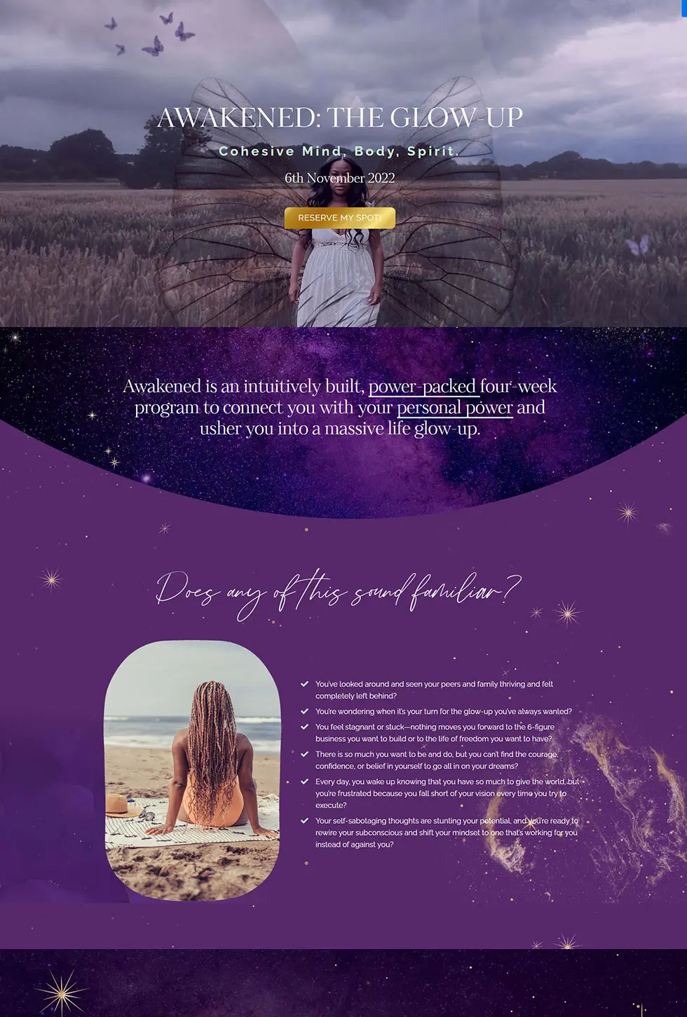 Kajabi webinar registration page for Awakened: The Glow Up, designed by vetted Kajabi Expert Dianne Empeynado