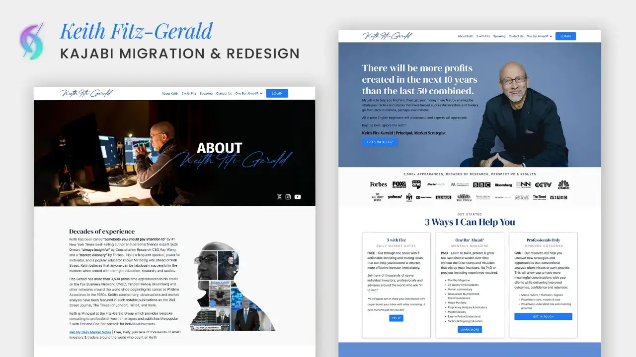 Kajabi migration and redesign case studies for Generation Youth, Coaching with Jenny, and Keith Fitz-Gerald, built by vetted Kajabi Expert Dianne Empeynado