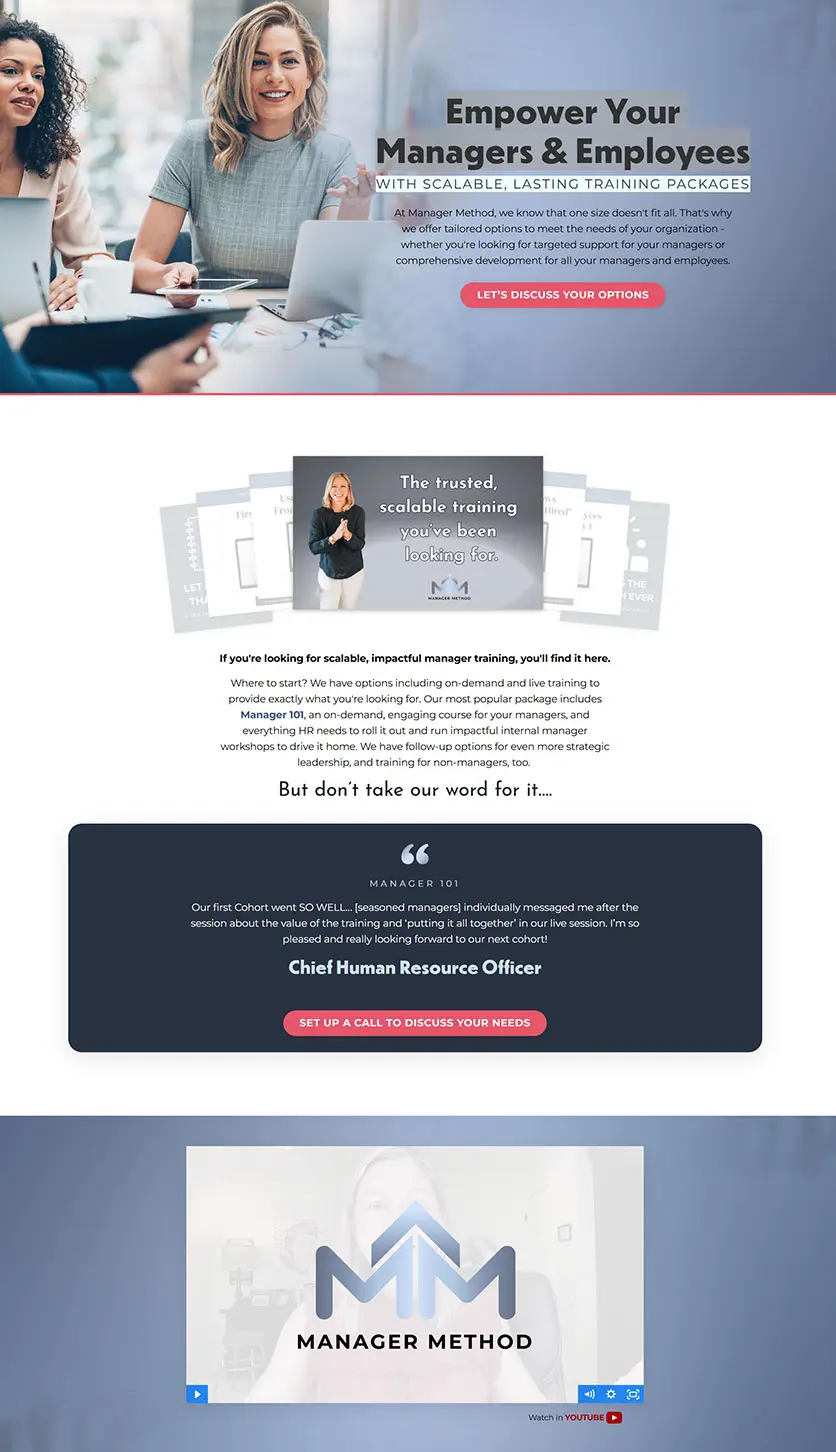 Kajabi sales page for the Manager Method offer, designed by vetted Kajabi Expert Dianne Empeynado