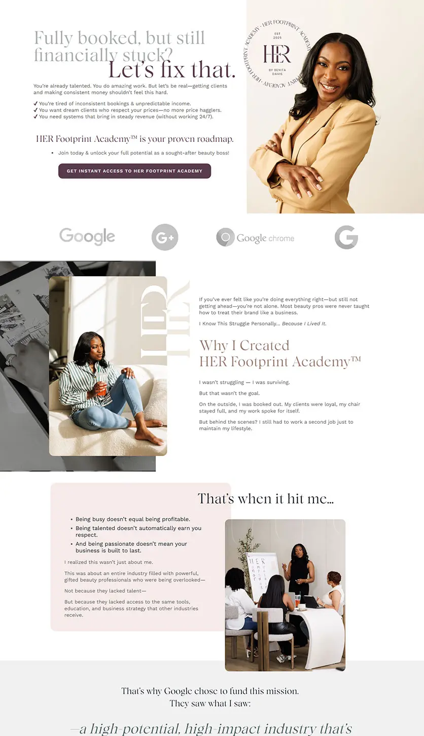 Kajabi sales page for Benita Davis's offer, designed by vetted Kajabi Expert Dianne Empeynado
