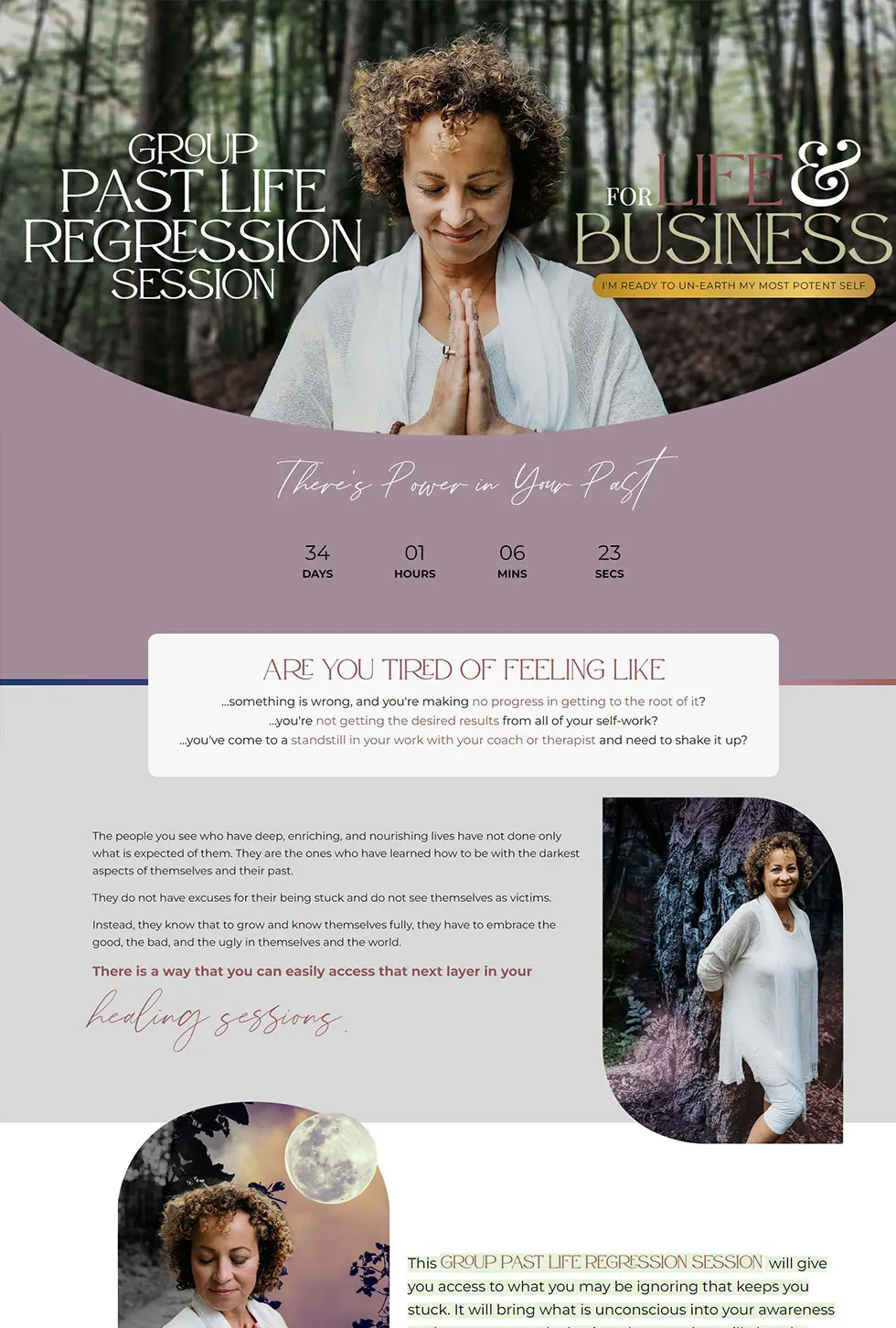 Kajabi webinar registration page for a Group Past-Life Regression Session, designed by vetted Kajabi Expert Dianne Empeynado